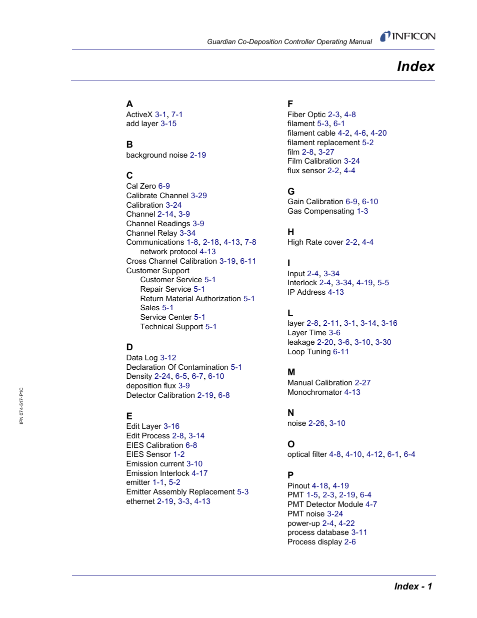 Index | INFICON Guardian EIES Controller User Manual | Page 159 / 160