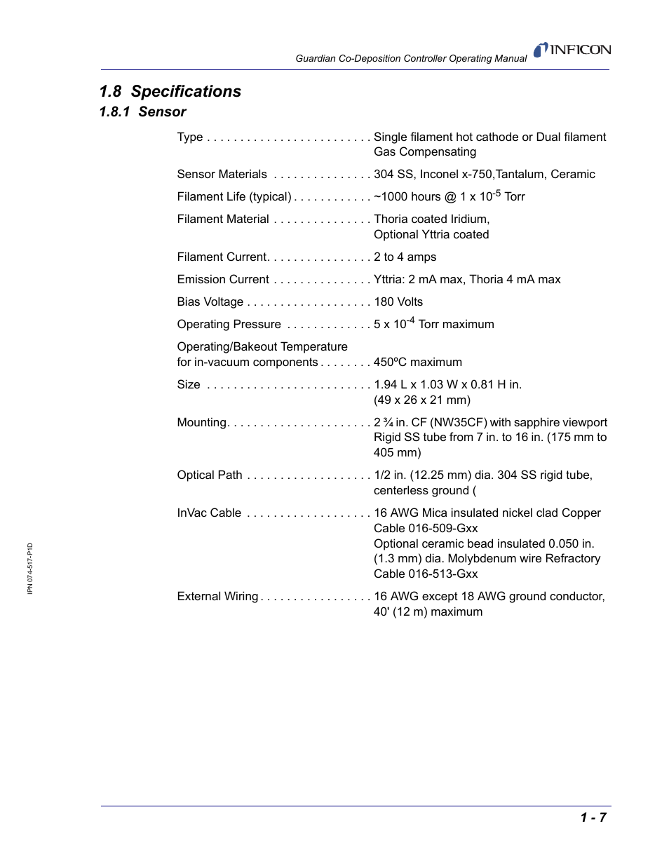 8 specifications, 1 sensor | INFICON Guardian EIES Controller User Manual | Page 21 / 160