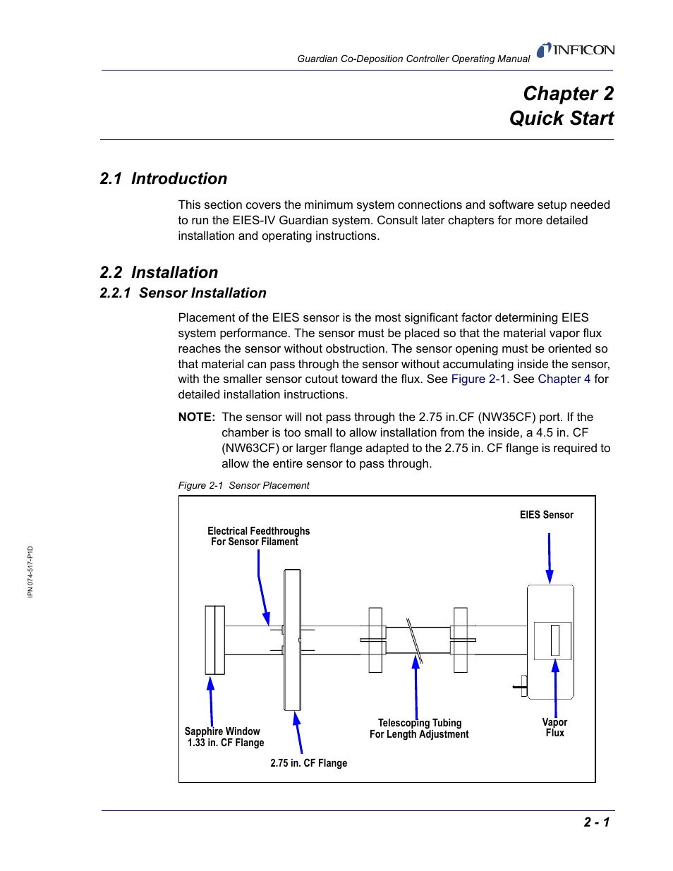 Chapter 2 quick start, 1 introduction, 2 installation | 1 sensor installation, Chapter 2 | INFICON Guardian EIES Controller User Manual | Page 25 / 160