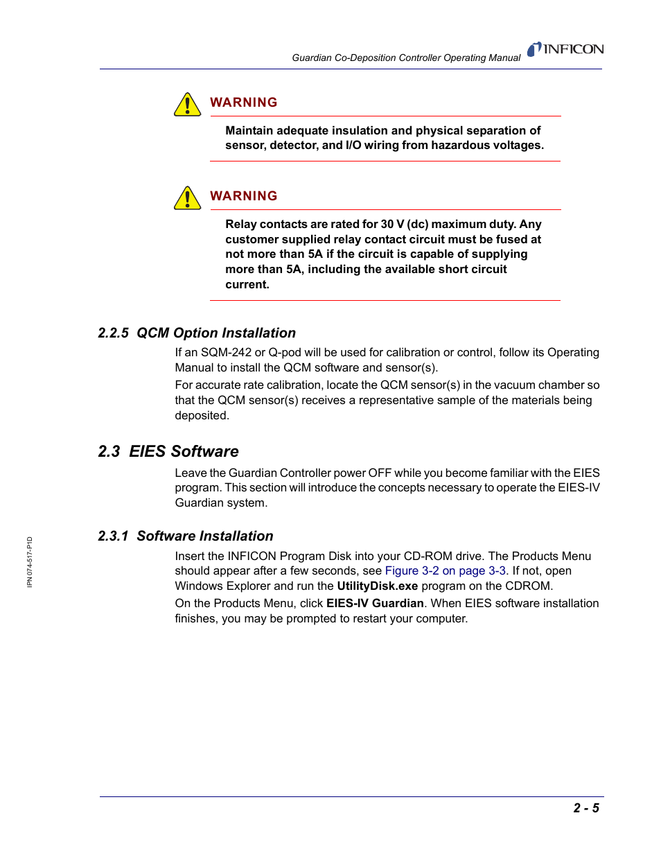 5 qcm option installation, 3 eies software, 1 software installation | INFICON Guardian EIES Controller User Manual | Page 29 / 160