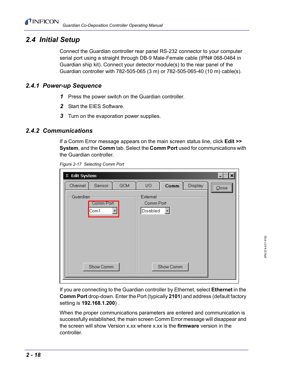 4 initial setup, 1 power-up sequence, 2 communications | INFICON Guardian EIES Controller User Manual | Page 42 / 160