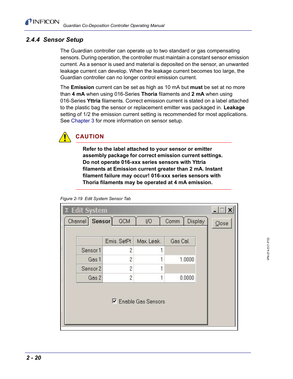 4 sensor setup, Caution | INFICON Guardian EIES Controller User Manual | Page 44 / 160