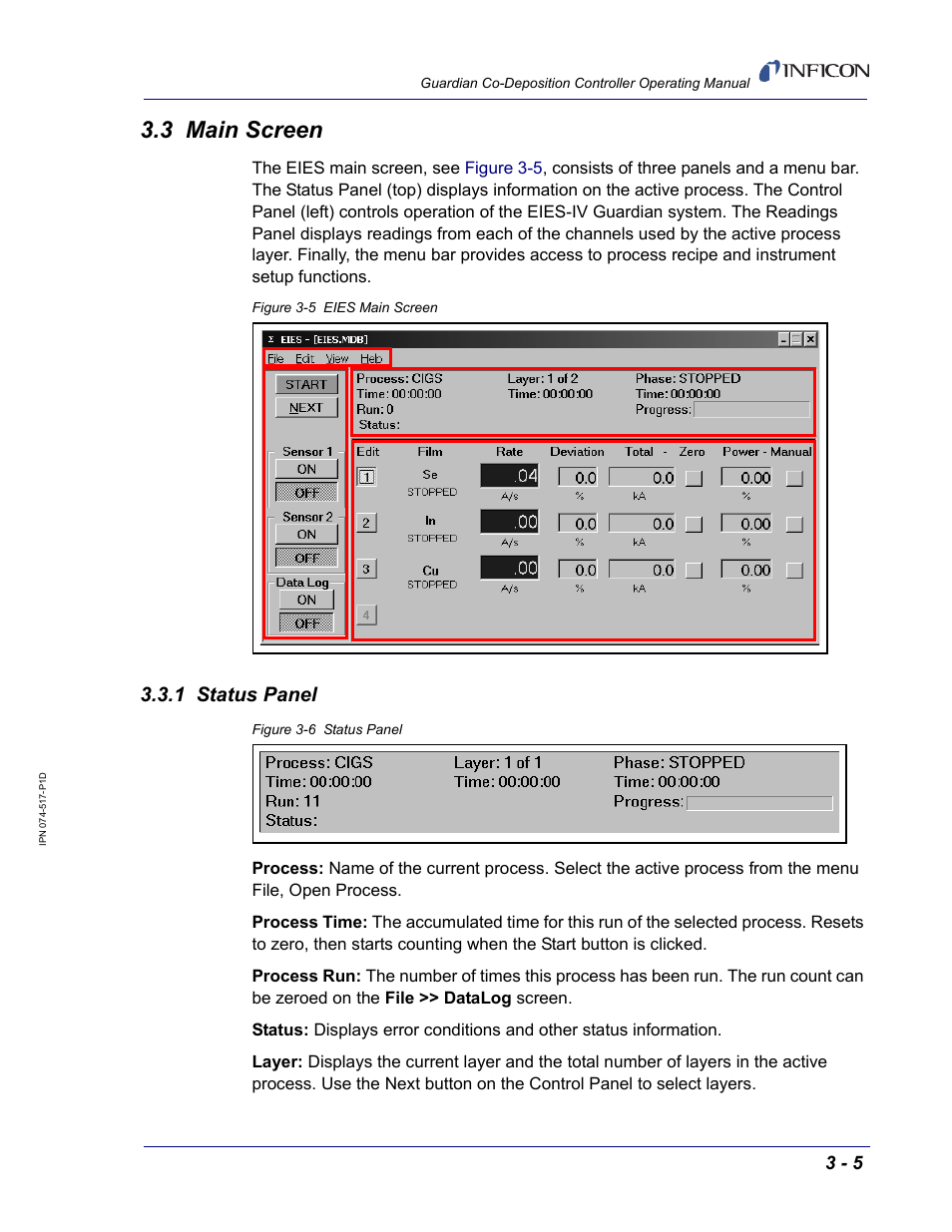 3 main screen, 1 status panel | INFICON Guardian EIES Controller User Manual | Page 57 / 160