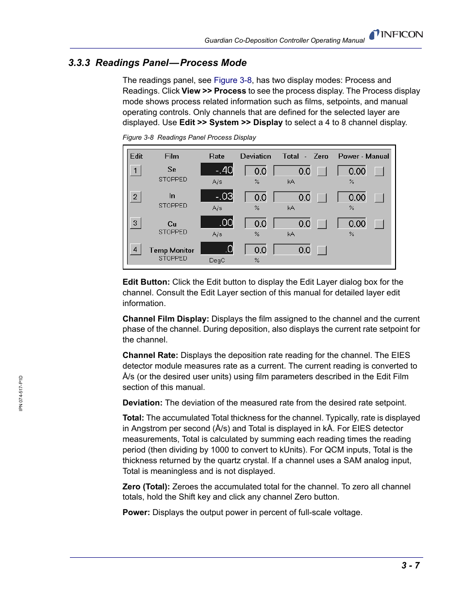 3 readings panel — process mode, 3 readings panel—process mode | INFICON Guardian EIES Controller User Manual | Page 59 / 160