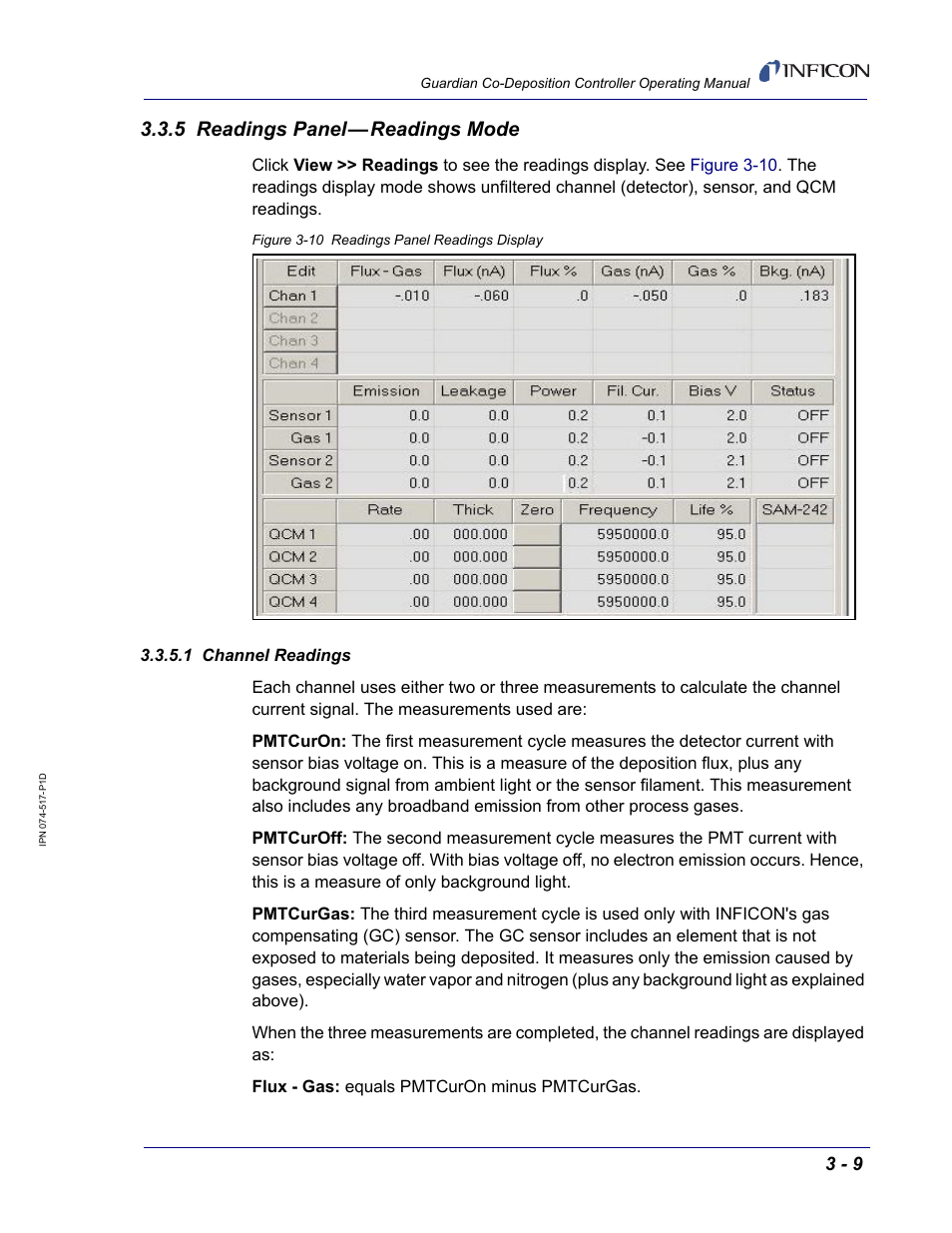 5 readings panel — readings mode, 1 channel readings, 5 readings panel—readings mode | INFICON Guardian EIES Controller User Manual | Page 61 / 160