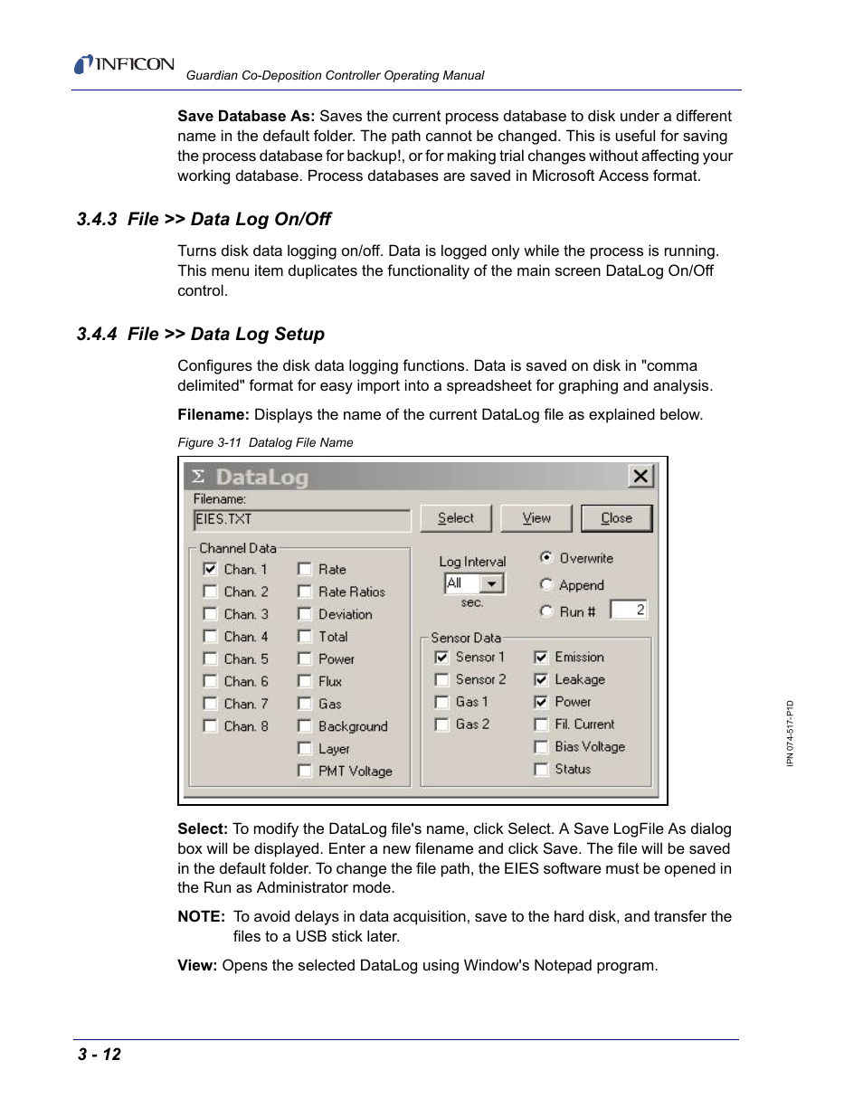 3 file >> data log on/off, 4 file >> data log setup | INFICON Guardian EIES Controller User Manual | Page 64 / 160