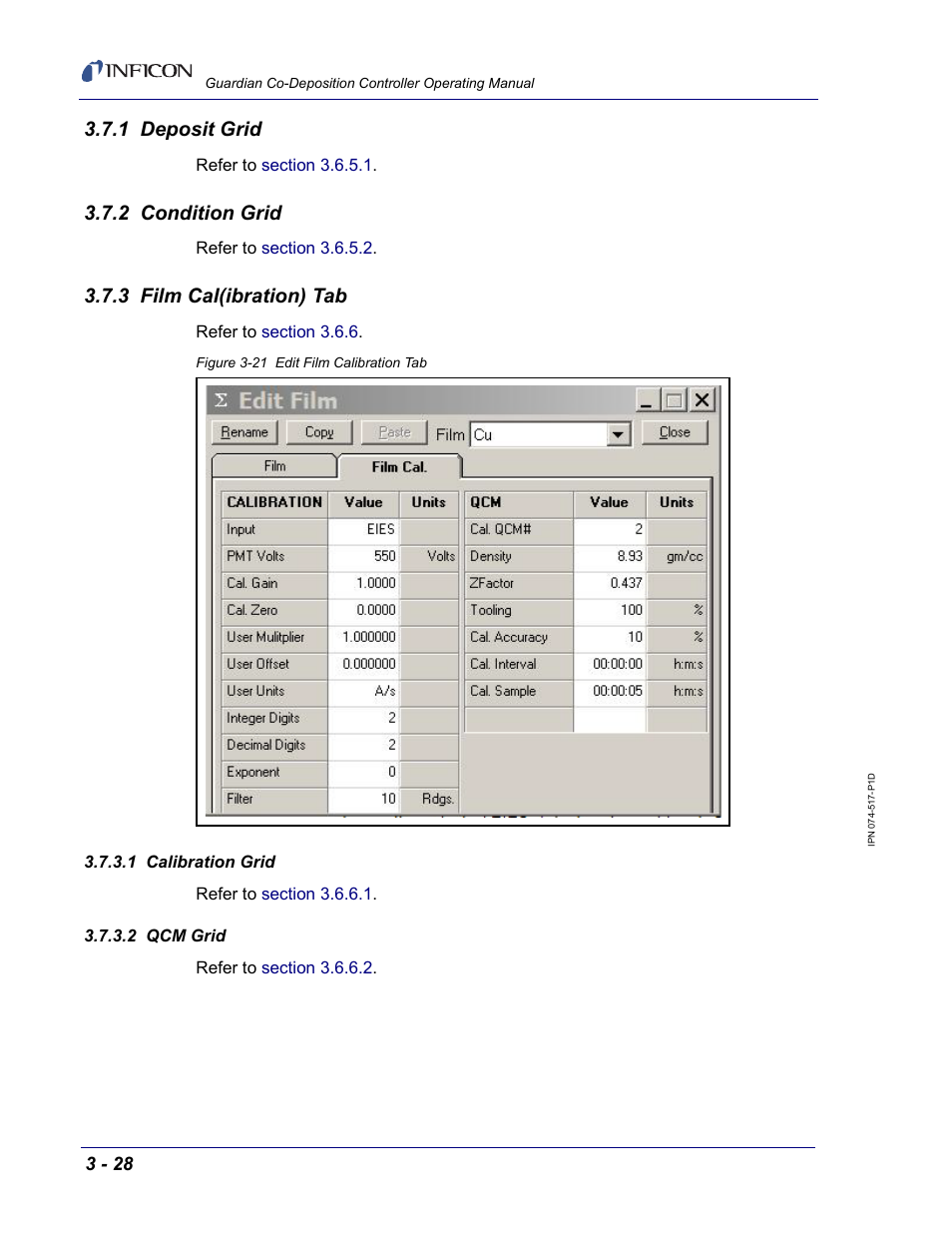 1 deposit grid, 2 condition grid, 3 film cal(ibration) tab | 1 calibration grid, 2 qcm grid | INFICON Guardian EIES Controller User Manual | Page 80 / 160