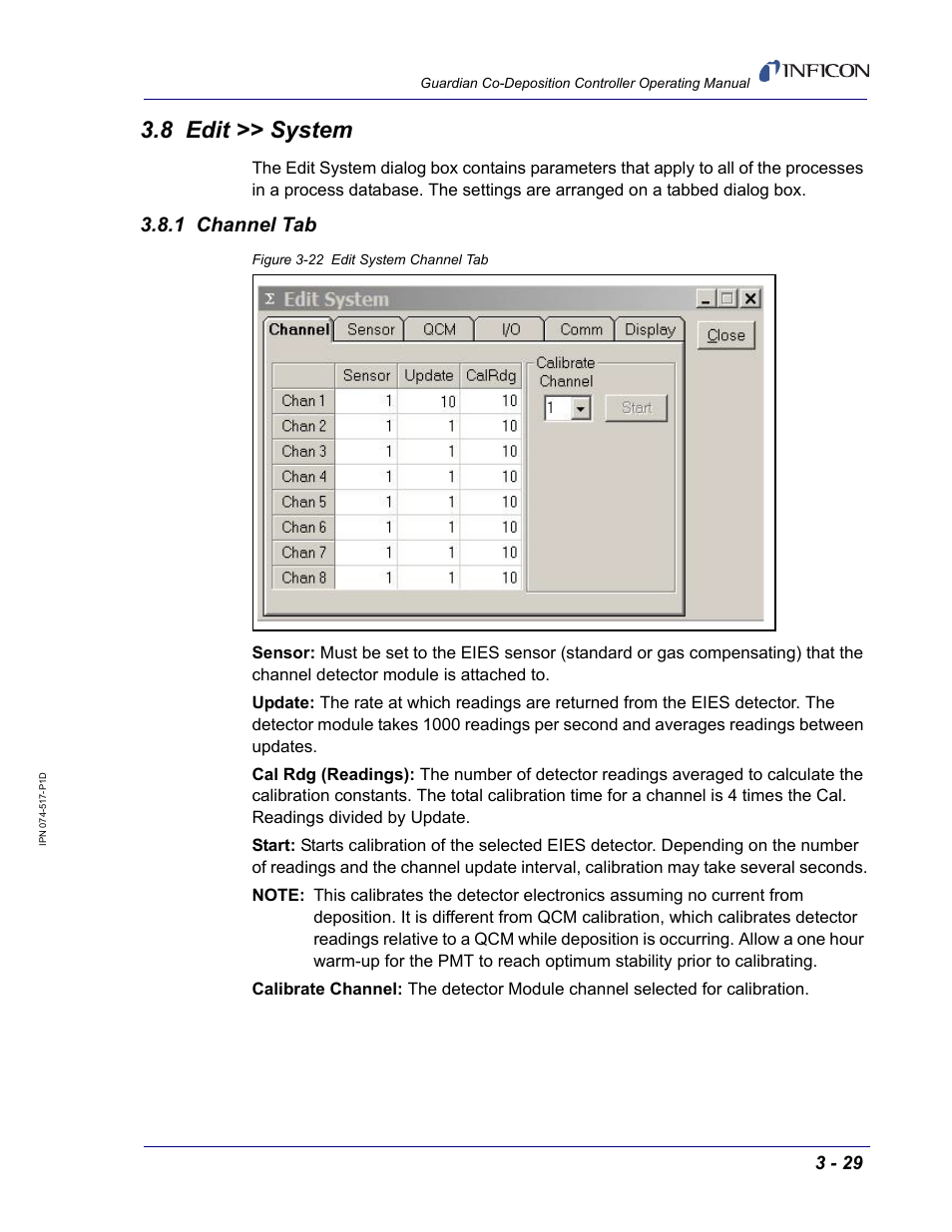 8 edit >> system, 1 channel tab | INFICON Guardian EIES Controller User Manual | Page 81 / 160