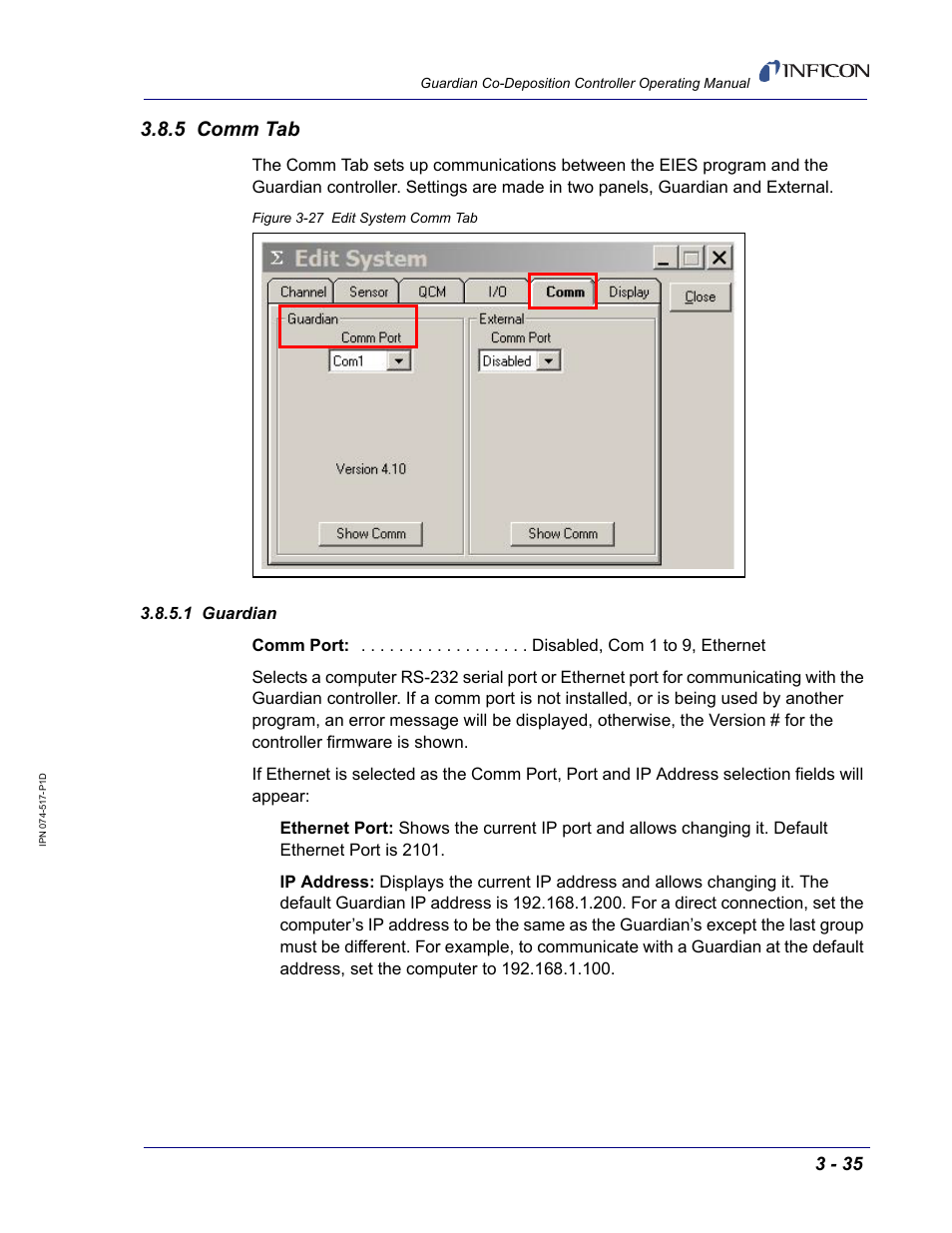 5 comm tab, 1 guardian | INFICON Guardian EIES Controller User Manual | Page 87 / 160