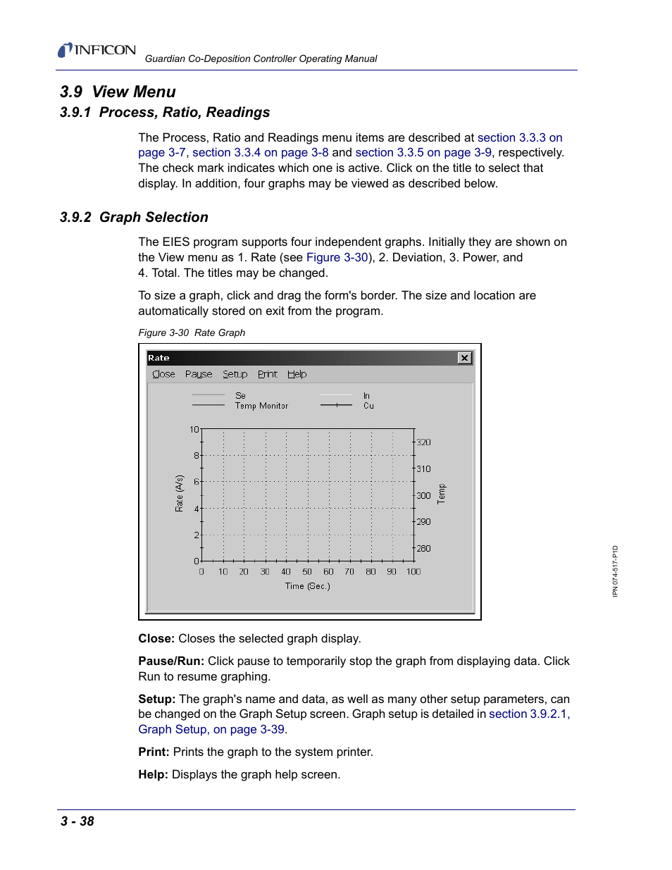 9 view menu, 1 process, ratio, readings, 2 graph selection | INFICON Guardian EIES Controller User Manual | Page 90 / 160