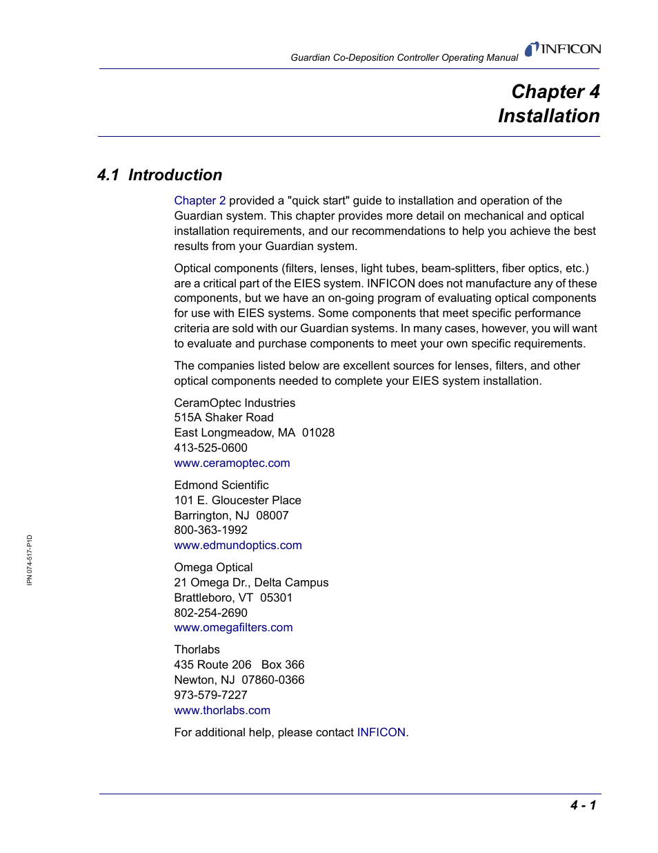 Chapter 4 installation, 1 introduction, Chapter 4 | Consult | INFICON Guardian EIES Controller User Manual | Page 93 / 160