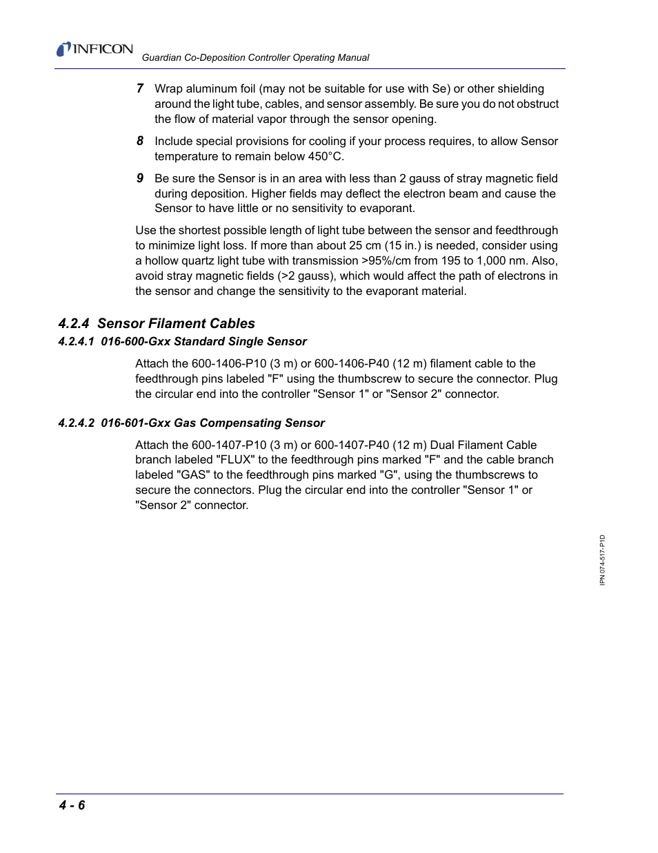 4 sensor filament cables, 1 016-600-gxx standard single sensor, 2 016-601-gxx gas compensating sensor | INFICON Guardian EIES Controller User Manual | Page 98 / 160