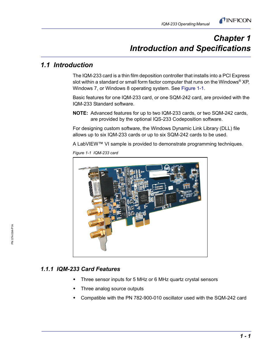 Chapter 1 introduction and specifications, 1 introduction, 1 iqm-233 card features | Chapter 1 | INFICON IQM-233 Thin Film Deposition Controller PCI-Express Card Operating Manual User Manual | Page 13 / 114