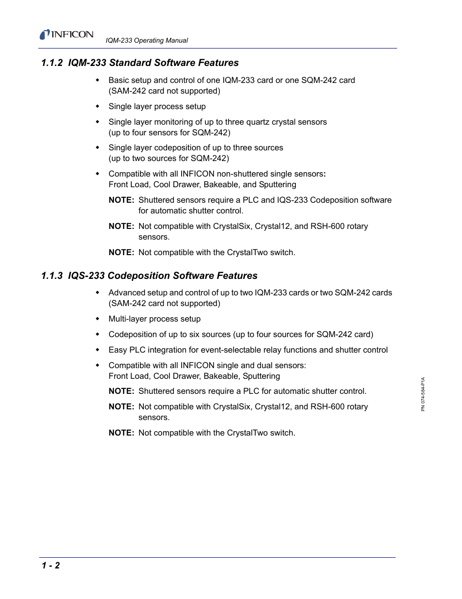 2 iqm-233 standard software features, 3 iqs-233 codeposition software features | INFICON IQM-233 Thin Film Deposition Controller PCI-Express Card Operating Manual User Manual | Page 14 / 114