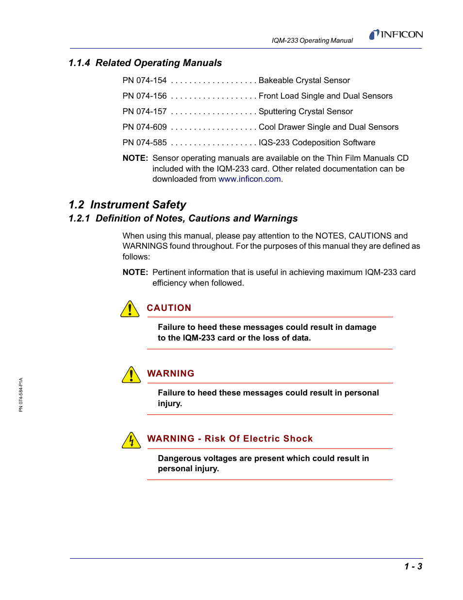 4 related operating manuals, 2 instrument safety, 1 definition of notes, cautions and warnings | INFICON IQM-233 Thin Film Deposition Controller PCI-Express Card Operating Manual User Manual | Page 15 / 114