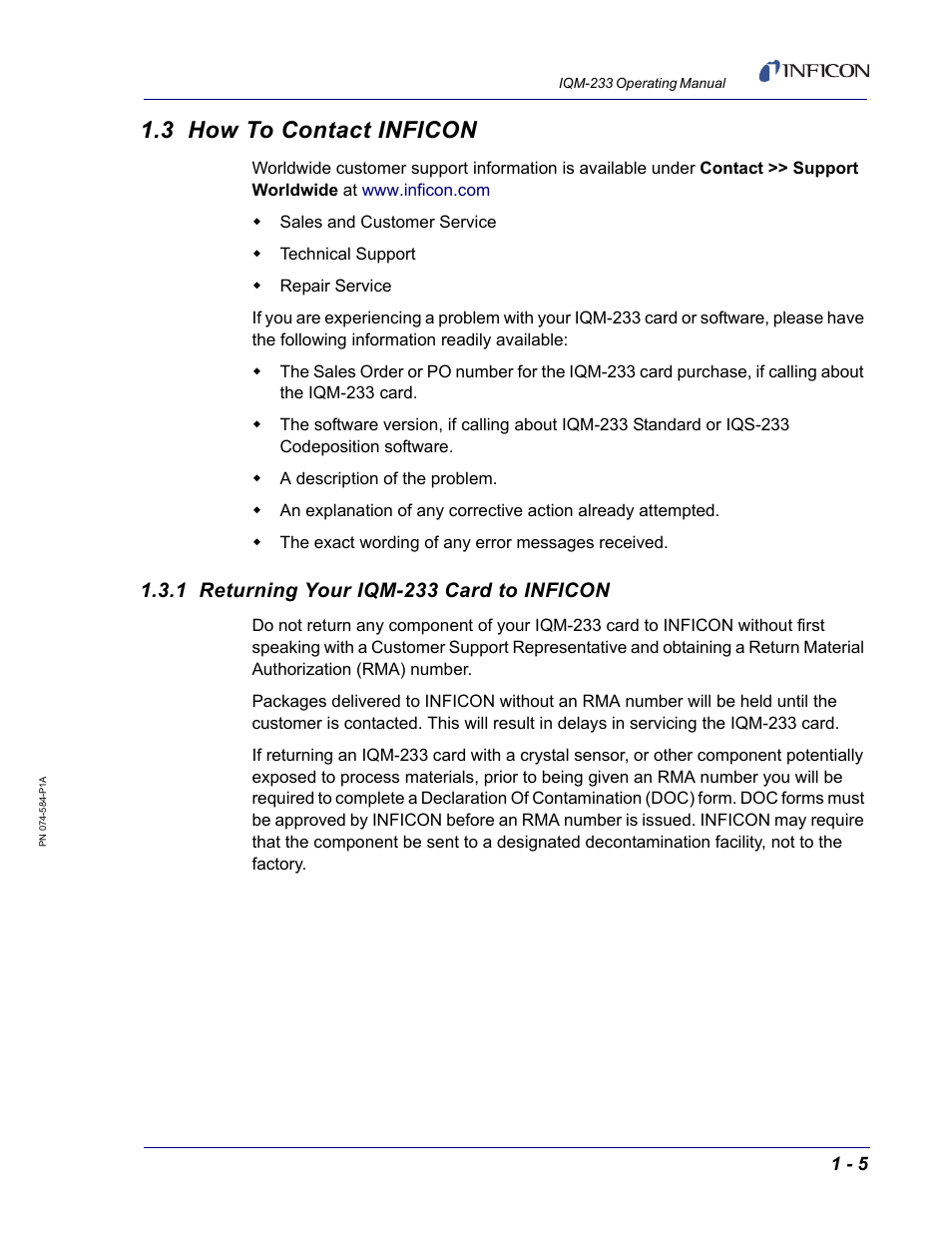 3 how to contact inficon, 1 returning your iqm-233 card to inficon | INFICON IQM-233 Thin Film Deposition Controller PCI-Express Card Operating Manual User Manual | Page 17 / 114