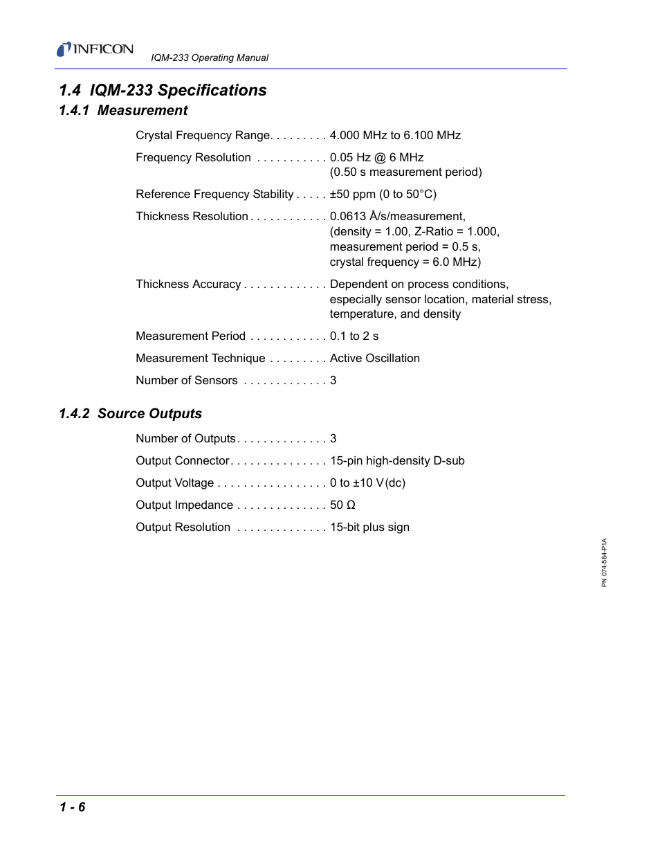 4 iqm-233 specifications, 1 measurement, 2 source outputs | INFICON IQM-233 Thin Film Deposition Controller PCI-Express Card Operating Manual User Manual | Page 18 / 114