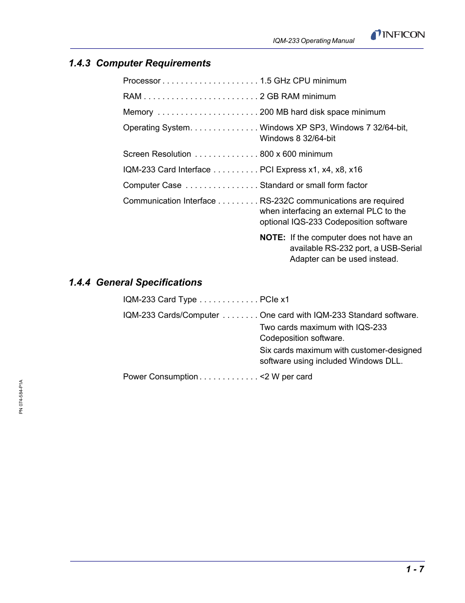 3 computer requirements, 4 general specifications | INFICON IQM-233 Thin Film Deposition Controller PCI-Express Card Operating Manual User Manual | Page 19 / 114