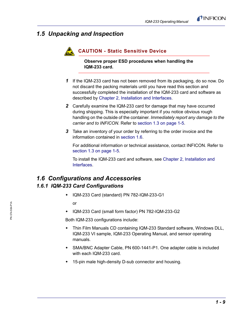 5 unpacking and inspection, 6 configurations and accessories, 1 iqm-233 card configurations | INFICON IQM-233 Thin Film Deposition Controller PCI-Express Card Operating Manual User Manual | Page 21 / 114