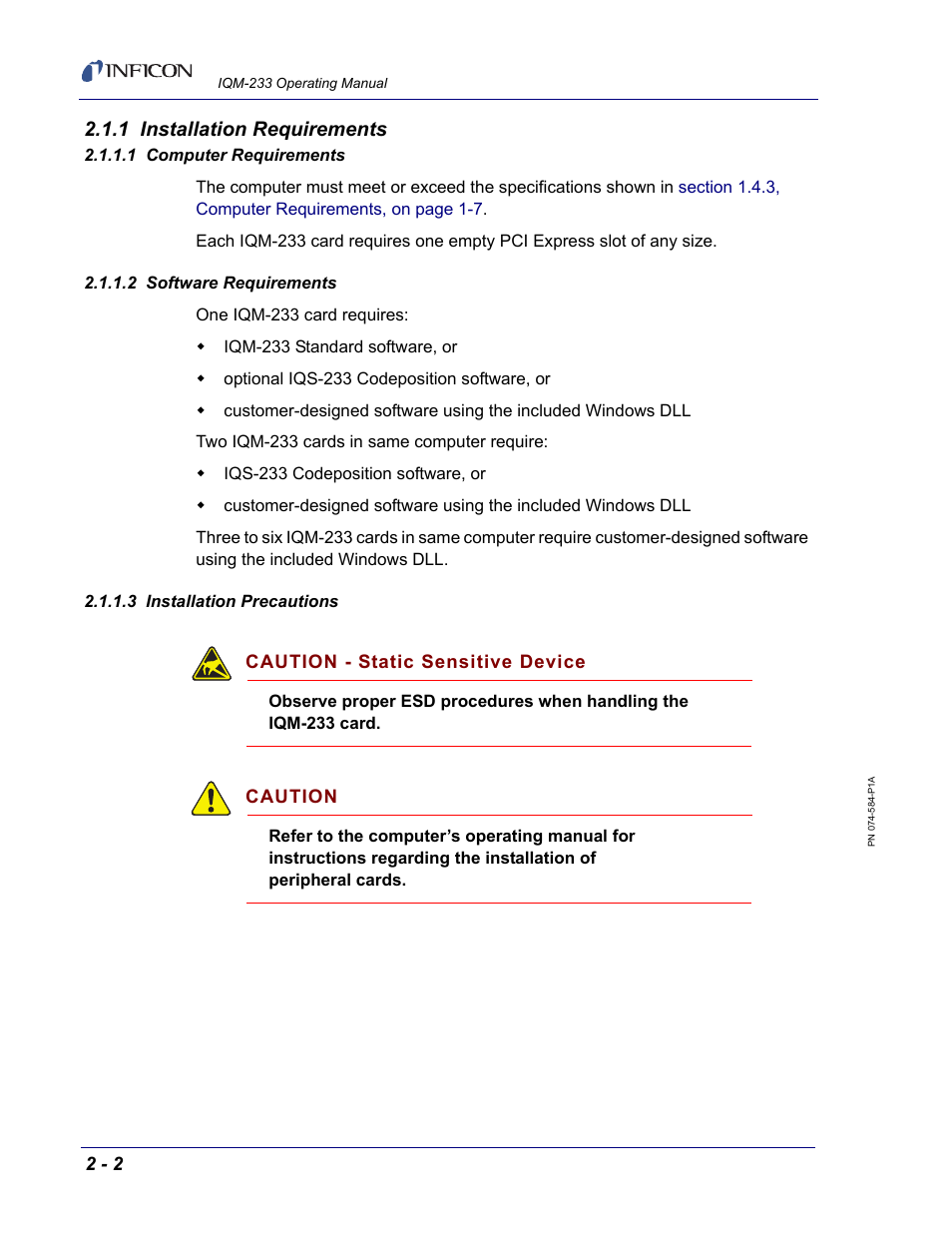 1 installation requirements, 1 computer requirements, 2 software requirements | 3 installation precautions, Section 2.1.1 | INFICON IQM-233 Thin Film Deposition Controller PCI-Express Card Operating Manual User Manual | Page 24 / 114