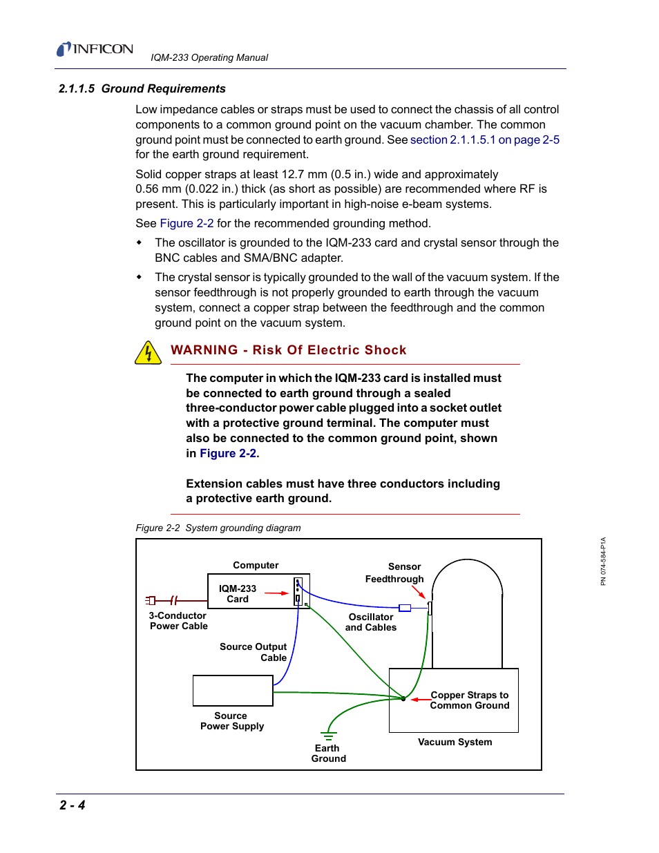 5 ground requirements, Warning - risk of electric shock | INFICON IQM-233 Thin Film Deposition Controller PCI-Express Card Operating Manual User Manual | Page 26 / 114
