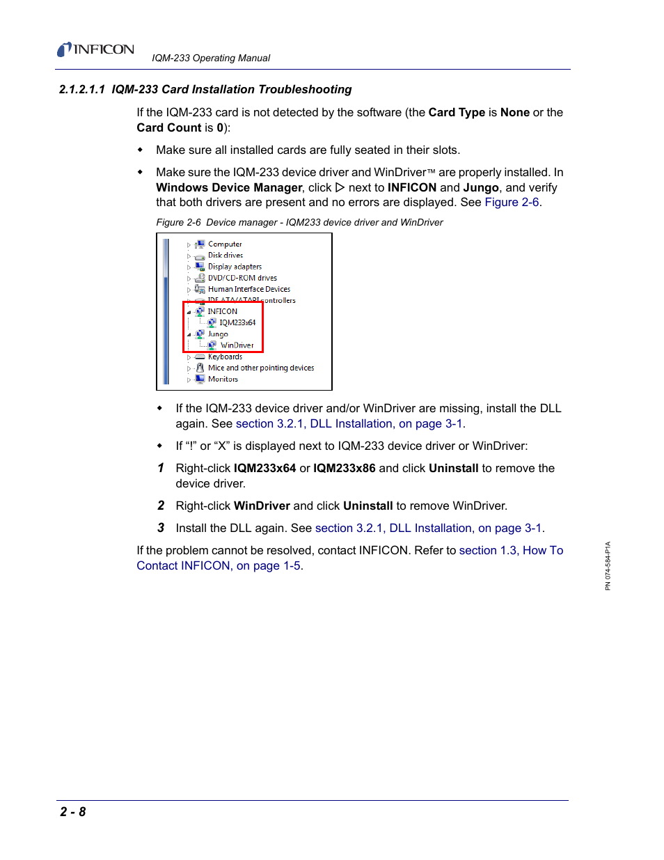 1 iqm-233 card installation troubleshooting, Section 2.1.2.1.1 | INFICON IQM-233 Thin Film Deposition Controller PCI-Express Card Operating Manual User Manual | Page 30 / 114
