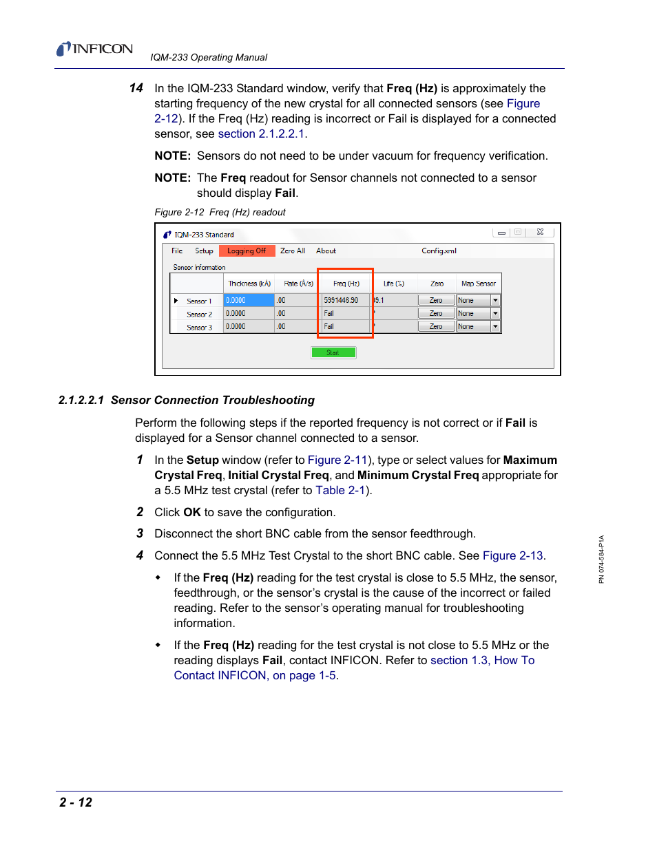 1 sensor connection troubleshooting | INFICON IQM-233 Thin Film Deposition Controller PCI-Express Card Operating Manual User Manual | Page 34 / 114