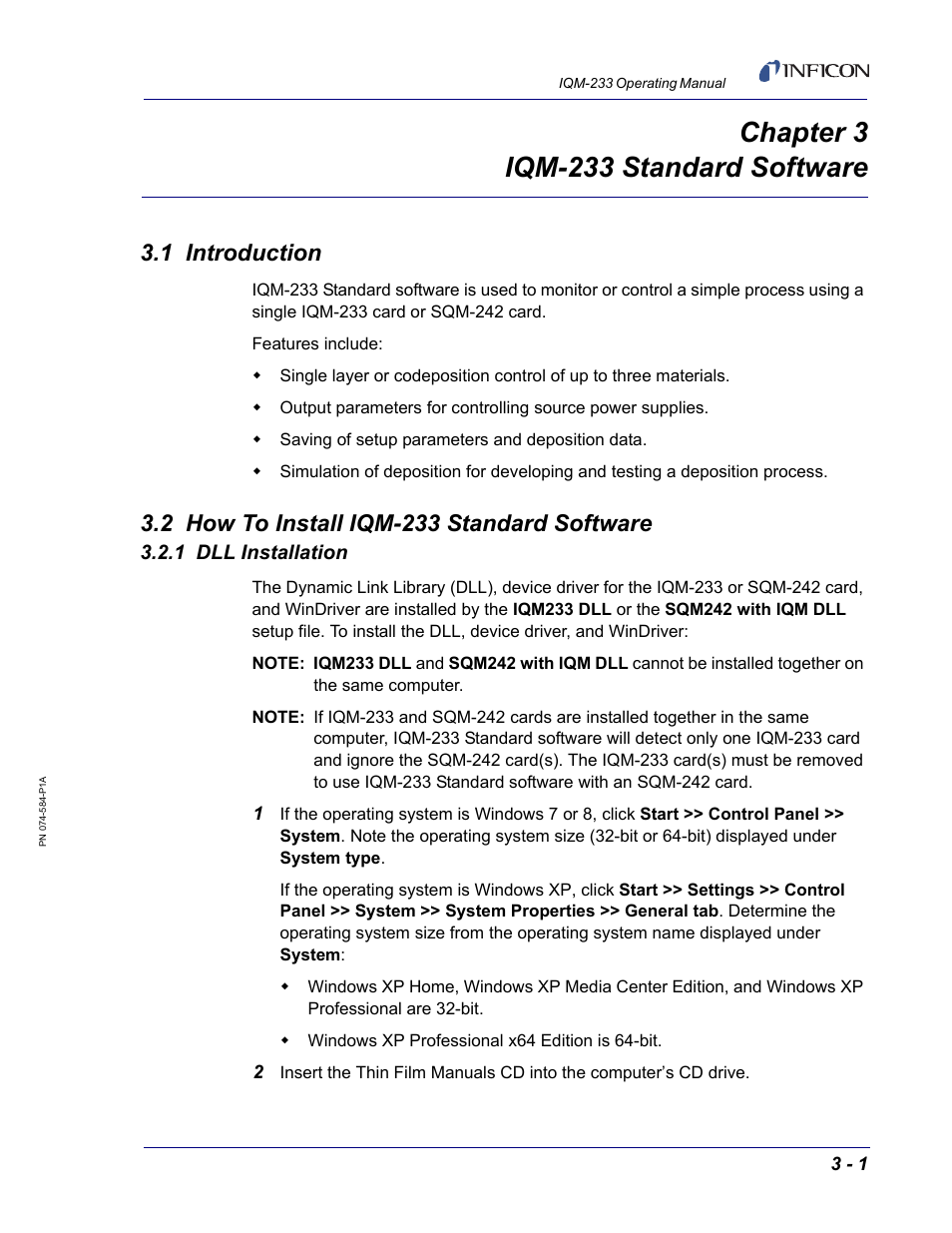 Chapter 3 iqm-233 standard software, 1 introduction, 2 how to install iqm-233 standard software | 1 dll installation, Chapter 3, Section 3.2.1, dll | INFICON IQM-233 Thin Film Deposition Controller PCI-Express Card Operating Manual User Manual | Page 41 / 114