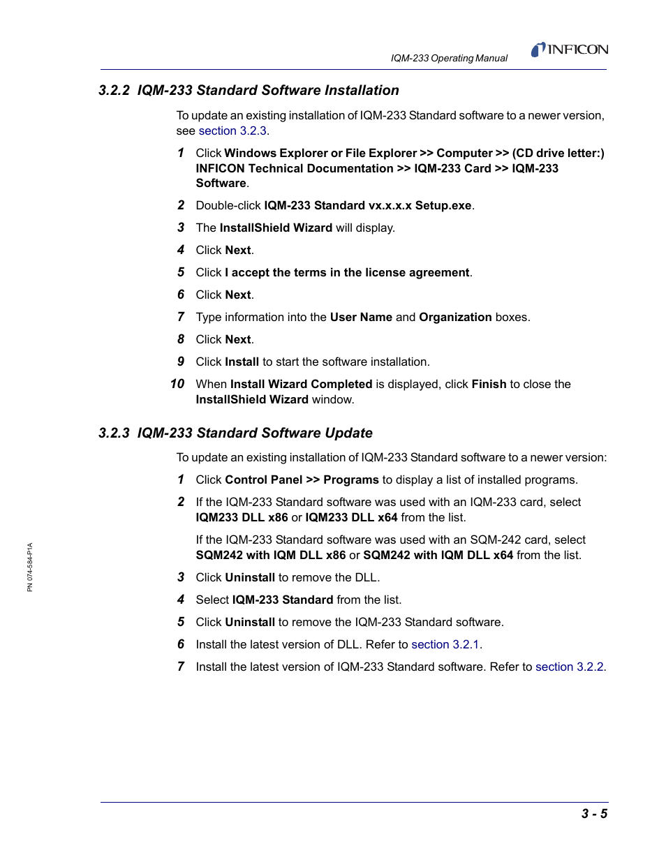 2 iqm-233 standard software installation, 3 iqm-233 standard software update, Re. see | Section 3.2.2, iqm-233 standard | INFICON IQM-233 Thin Film Deposition Controller PCI-Express Card Operating Manual User Manual | Page 45 / 114