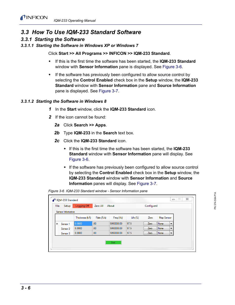 3 how to use iqm-233 standard software, 1 starting the software, 1 starting the software in windows xp or windows 7 | 2 starting the software in windows 8 | INFICON IQM-233 Thin Film Deposition Controller PCI-Express Card Operating Manual User Manual | Page 46 / 114