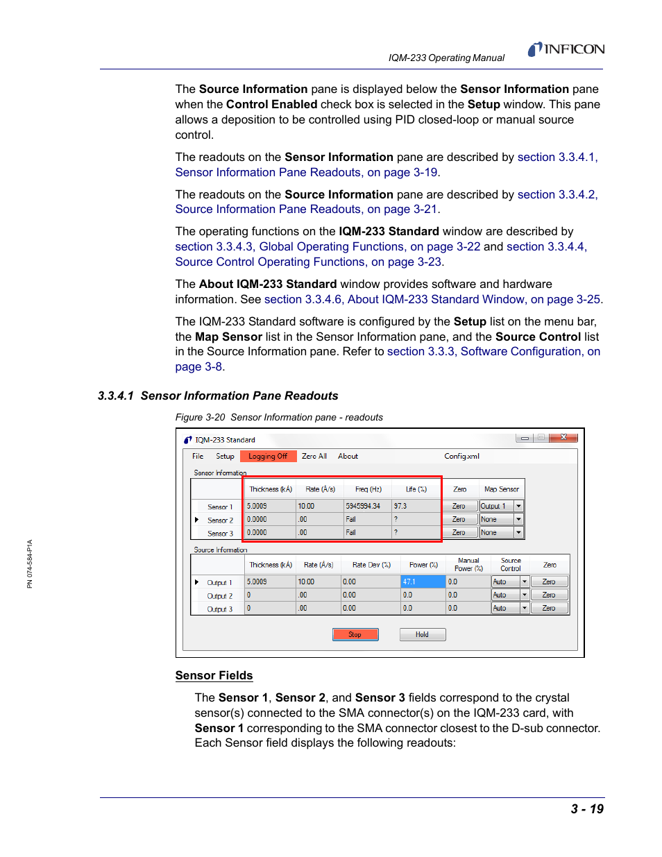 1 sensor information pane readouts, S. see | INFICON IQM-233 Thin Film Deposition Controller PCI-Express Card Operating Manual User Manual | Page 59 / 114