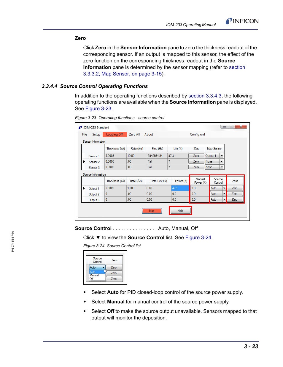 4 source control operating functions, Section 3.3.4.4, source, Section 3.3.4.4 | Section 3.3.4.4, source control operating | INFICON IQM-233 Thin Film Deposition Controller PCI-Express Card Operating Manual User Manual | Page 63 / 114