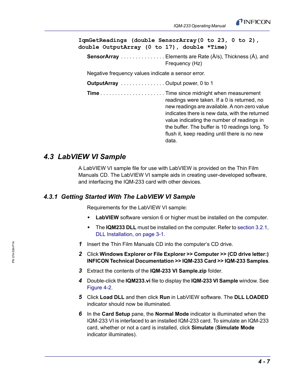 3 labview vi sample, 1 getting started with the labview vi sample, Dll. see | INFICON IQM-233 Thin Film Deposition Controller PCI-Express Card Operating Manual User Manual | Page 73 / 114