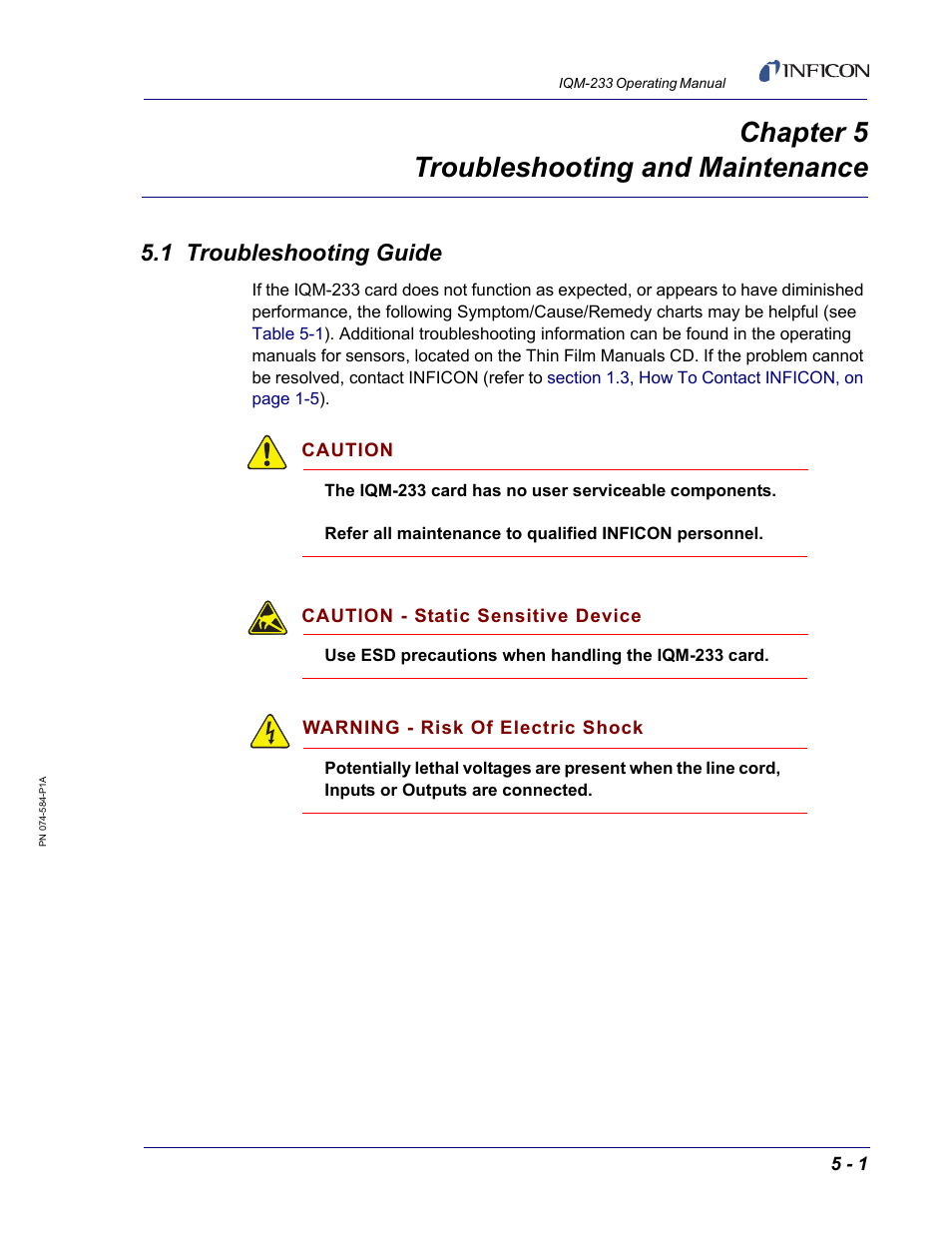 Chapter 5 troubleshooting and maintenance, 1 troubleshooting guide, Chapter 5 | INFICON IQM-233 Thin Film Deposition Controller PCI-Express Card Operating Manual User Manual | Page 75 / 114