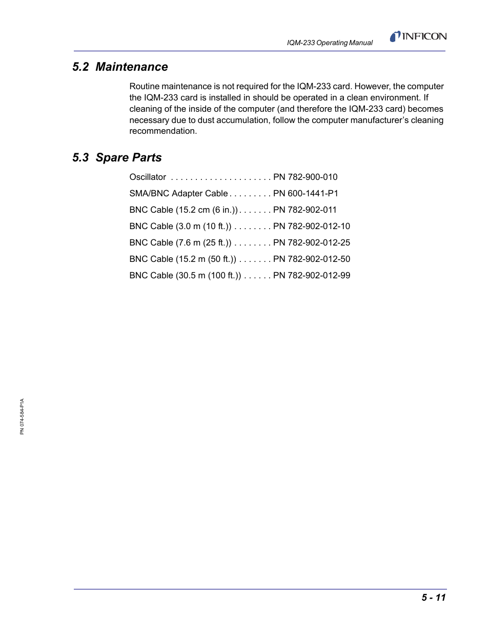 2 maintenance, 3 spare parts | INFICON IQM-233 Thin Film Deposition Controller PCI-Express Card Operating Manual User Manual | Page 85 / 114