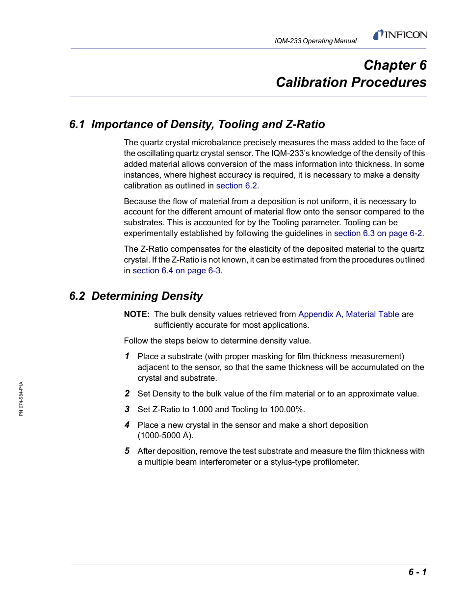Chapter 6 calibration procedures, 1 importance of density, tooling and z-ratio, 2 determining density | Chapter 6, Section 6.2, determining | INFICON IQM-233 Thin Film Deposition Controller PCI-Express Card Operating Manual User Manual | Page 87 / 114