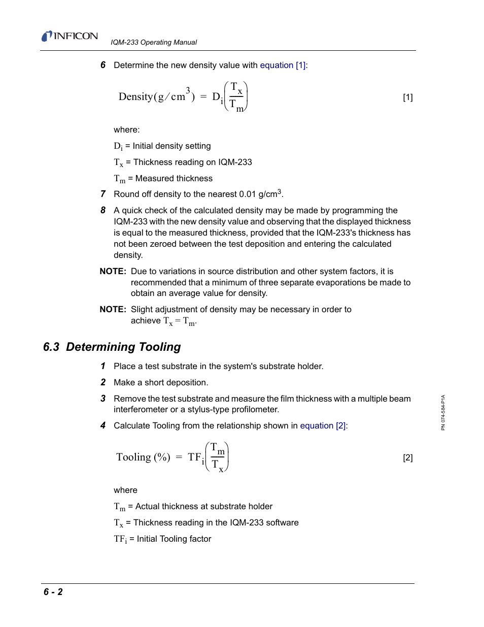3 determining tooling, Section 6.3, determining tooling, on, He guidelines in | Density g cm, Tooling (%) tf | INFICON IQM-233 Thin Film Deposition Controller PCI-Express Card Operating Manual User Manual | Page 88 / 114