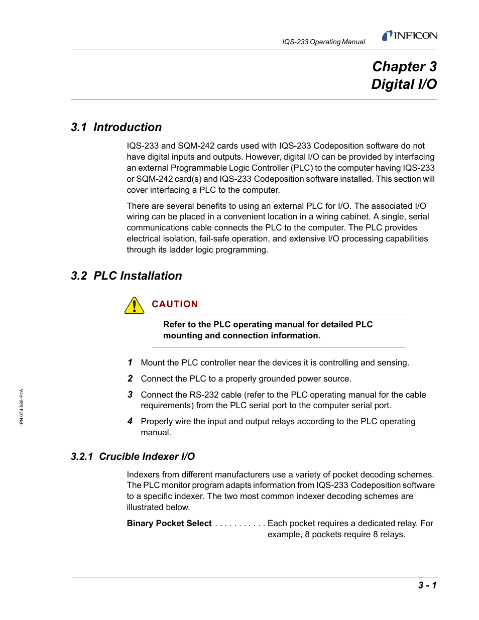 Chapter 3 digital i/o, 1 introduction, 2 plc installation | 1 crucible indexer i/o, Chapter 3, Chapter 3, digital i/o, Relays. see | INFICON IQM-233 Thin Film Deposition Controller PCI-Express Card Codeposition Software Operating Manual User Manual | Page 111 / 136