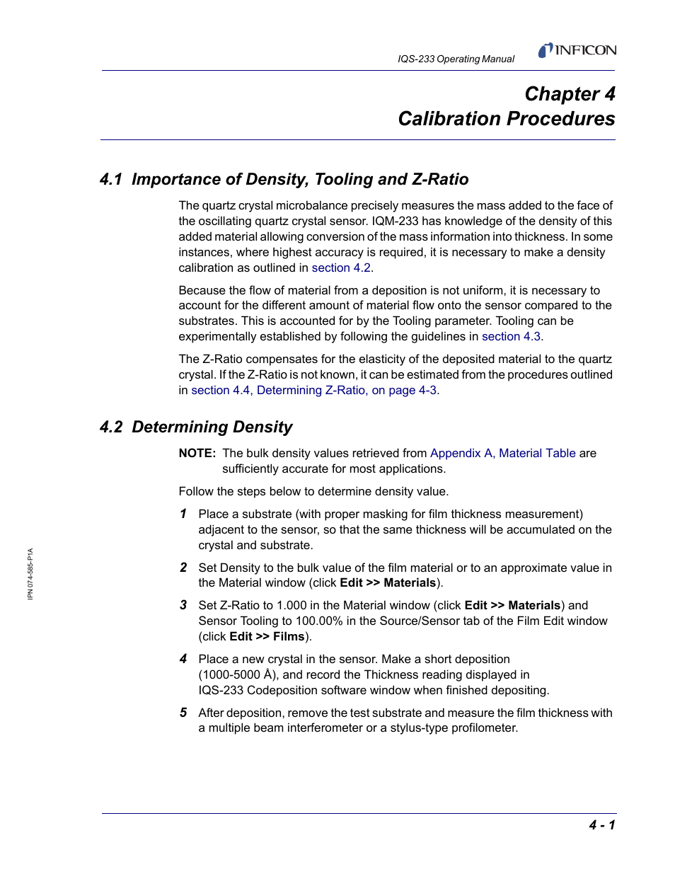 Chapter 4 calibration procedures, 1 importance of density, tooling and z-ratio, 2 determining density | Chapter 4, Chapter 4, calibration procedures | INFICON IQM-233 Thin Film Deposition Controller PCI-Express Card Codeposition Software Operating Manual User Manual | Page 115 / 136