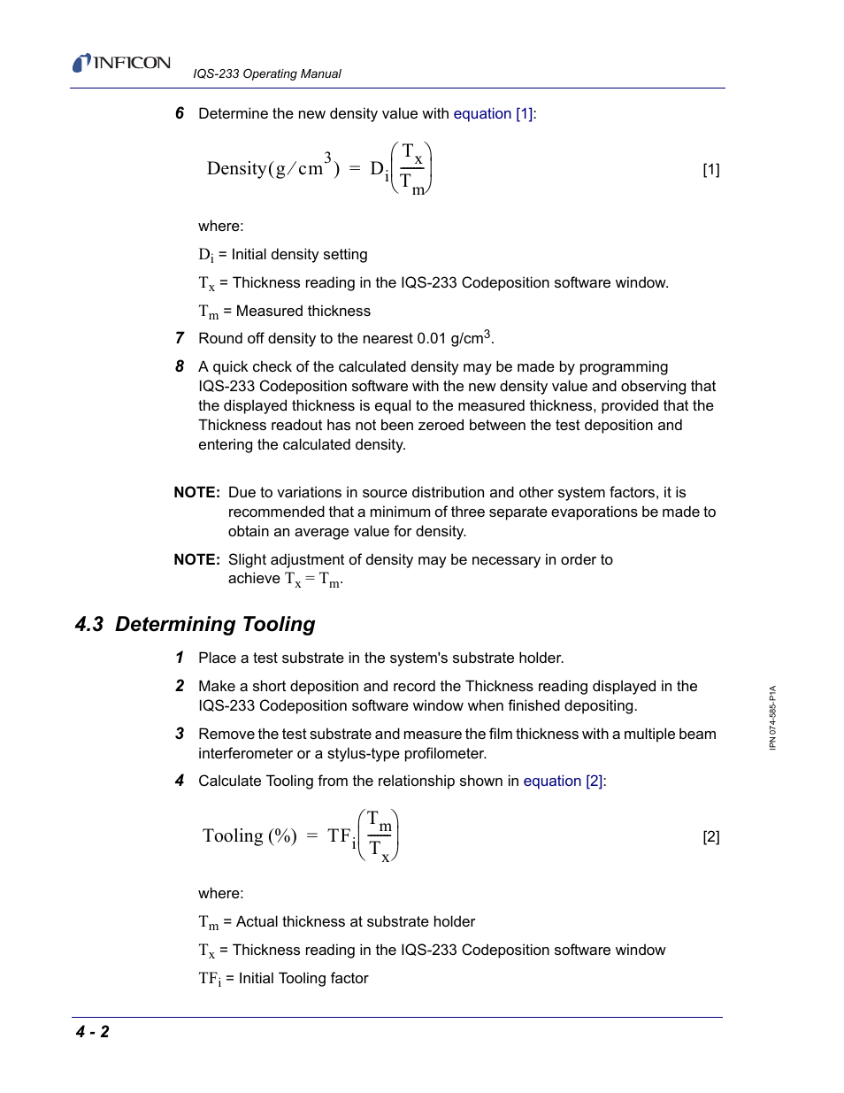 3 determining tooling, He guidelines in, Section 4.3 | Density g cm, Tooling (%) tf | INFICON IQM-233 Thin Film Deposition Controller PCI-Express Card Codeposition Software Operating Manual User Manual | Page 116 / 136
