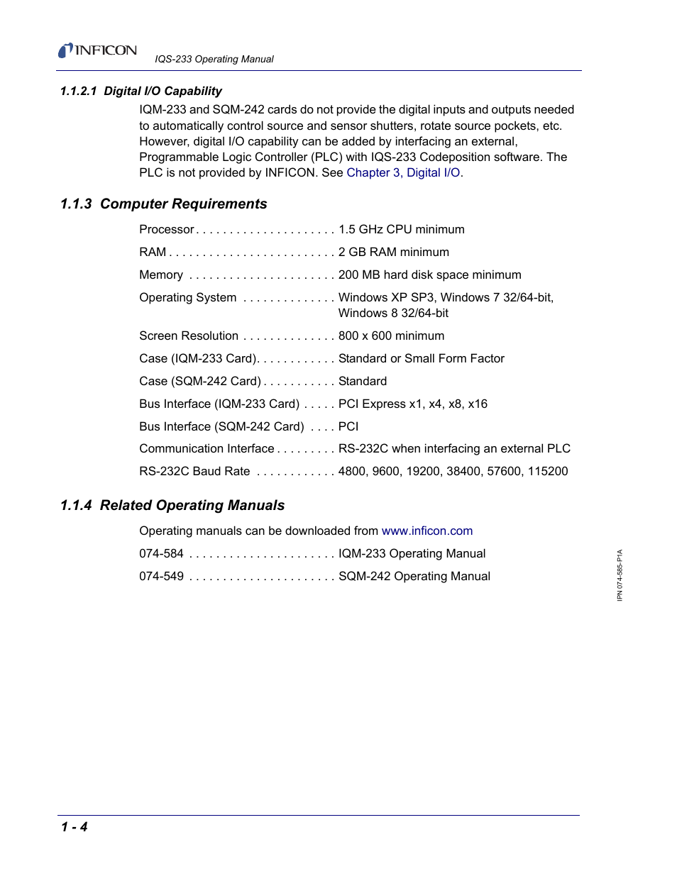 1 digital i/o capability, 3 computer requirements, 4 related operating manuals | INFICON IQM-233 Thin Film Deposition Controller PCI-Express Card Codeposition Software Operating Manual User Manual | Page 14 / 136