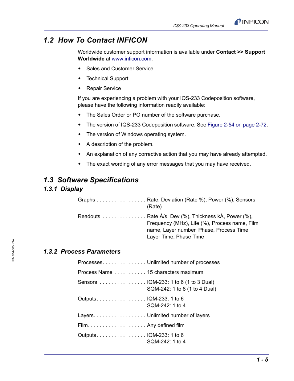 2 how to contact inficon, 3 software specifications, 1 display | 2 process parameters | INFICON IQM-233 Thin Film Deposition Controller PCI-Express Card Codeposition Software Operating Manual User Manual | Page 15 / 136