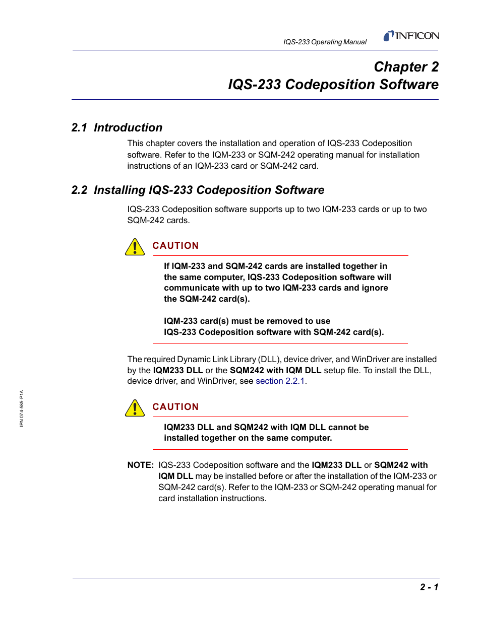 Chapter 2 iqs-233 codeposition software, 1 introduction, 2 installing iqs-233 codeposition software | Chapter 2 | INFICON IQM-233 Thin Film Deposition Controller PCI-Express Card Codeposition Software Operating Manual User Manual | Page 21 / 136