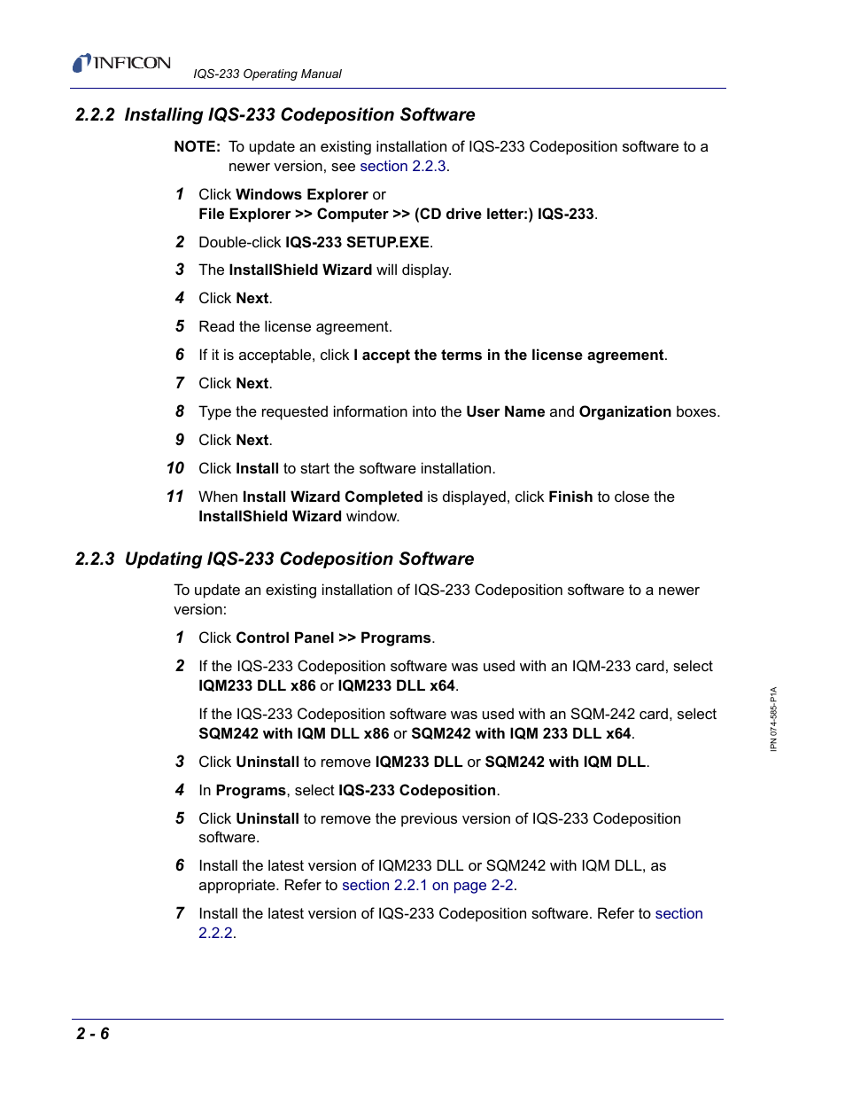 2 installing iqs-233 codeposition software, 3 updating iqs-233 codeposition software | INFICON IQM-233 Thin Film Deposition Controller PCI-Express Card Codeposition Software Operating Manual User Manual | Page 26 / 136