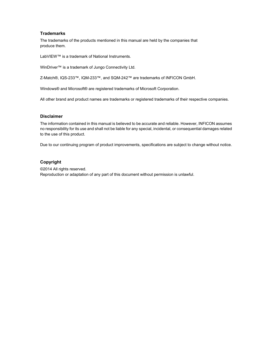 Trademarks, Disclaimer, Copyright | INFICON IQM-233 Thin Film Deposition Controller PCI-Express Card Codeposition Software Operating Manual User Manual | Page 4 / 136