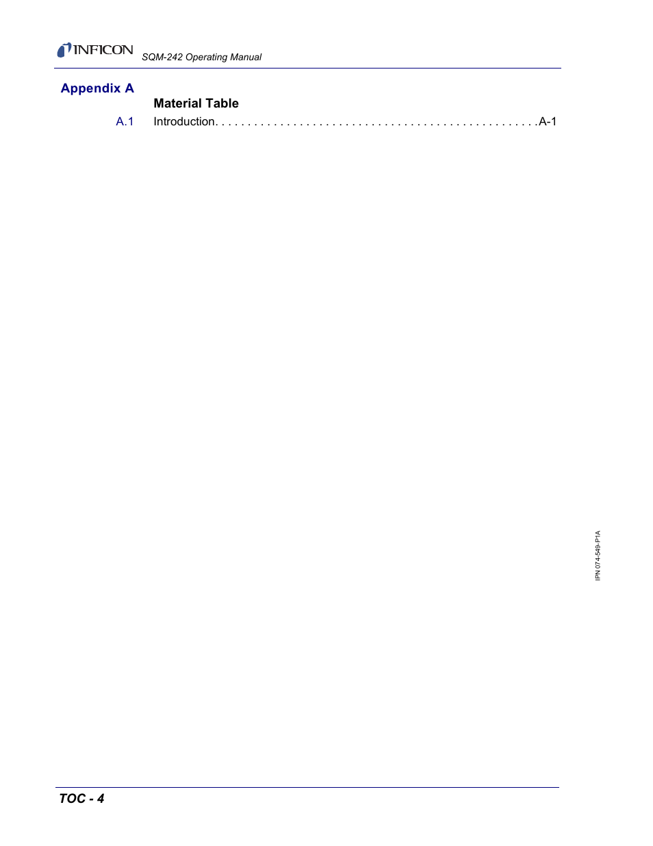 Toc - 4, Appendix a material table | INFICON SQM-242 Thin Film Deposition Controller Card Operating Manual User Manual | Page 12 / 108