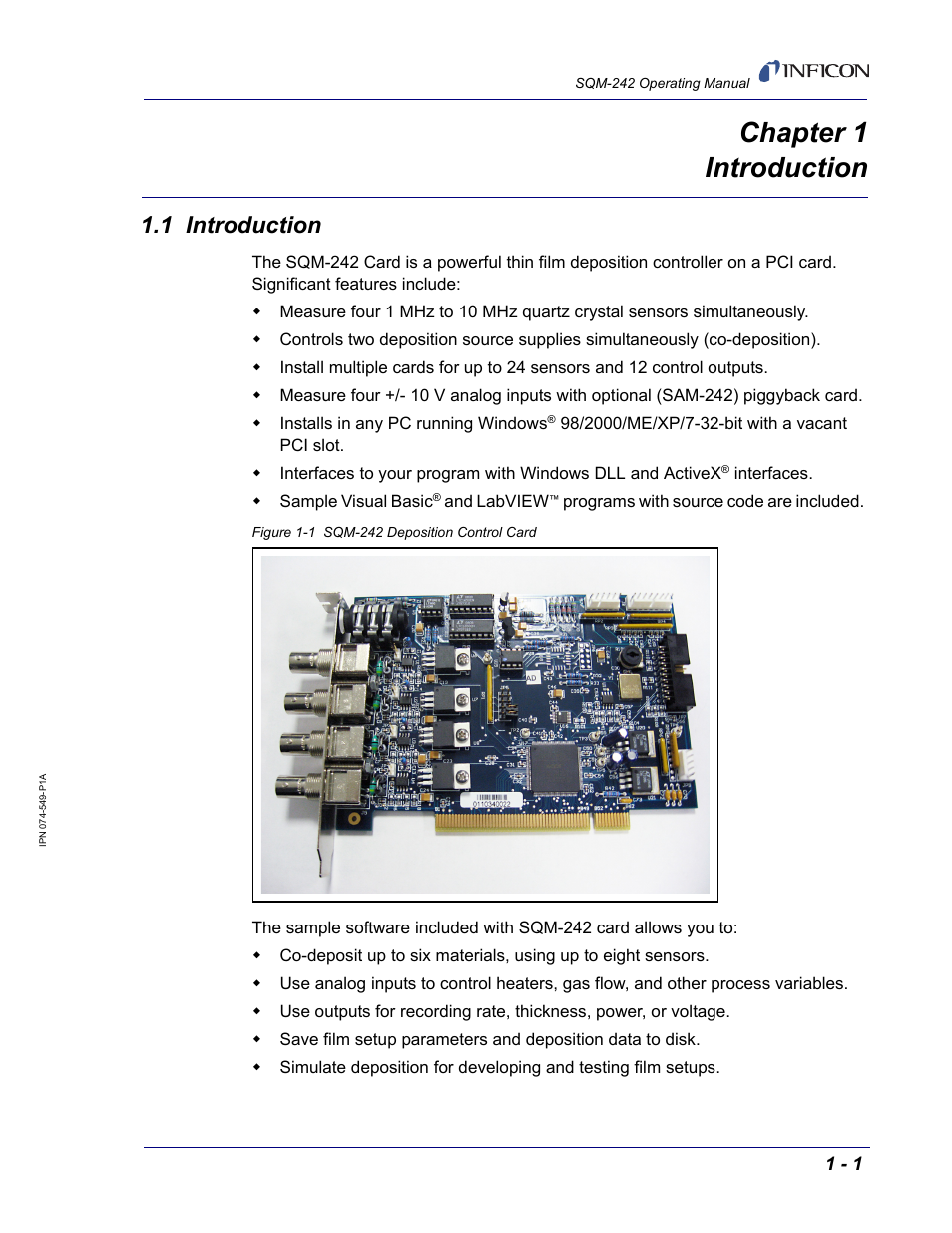 Chapter 1 introduction, 1 introduction, Chapter 1 | INFICON SQM-242 Thin Film Deposition Controller Card Operating Manual User Manual | Page 13 / 108