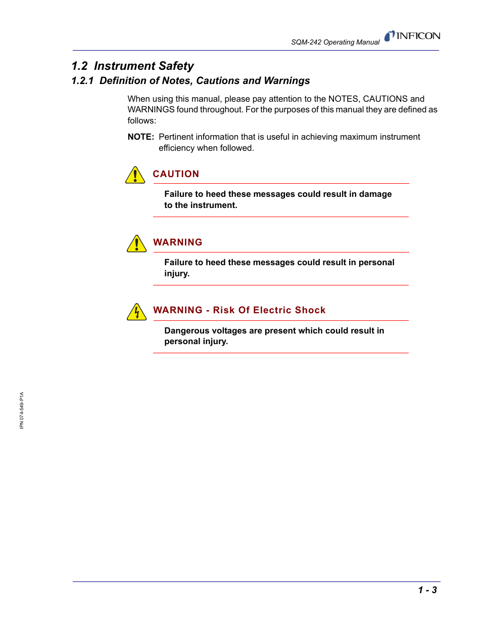 2 instrument safety, 1 definition of notes, cautions and warnings | INFICON SQM-242 Thin Film Deposition Controller Card Operating Manual User Manual | Page 15 / 108