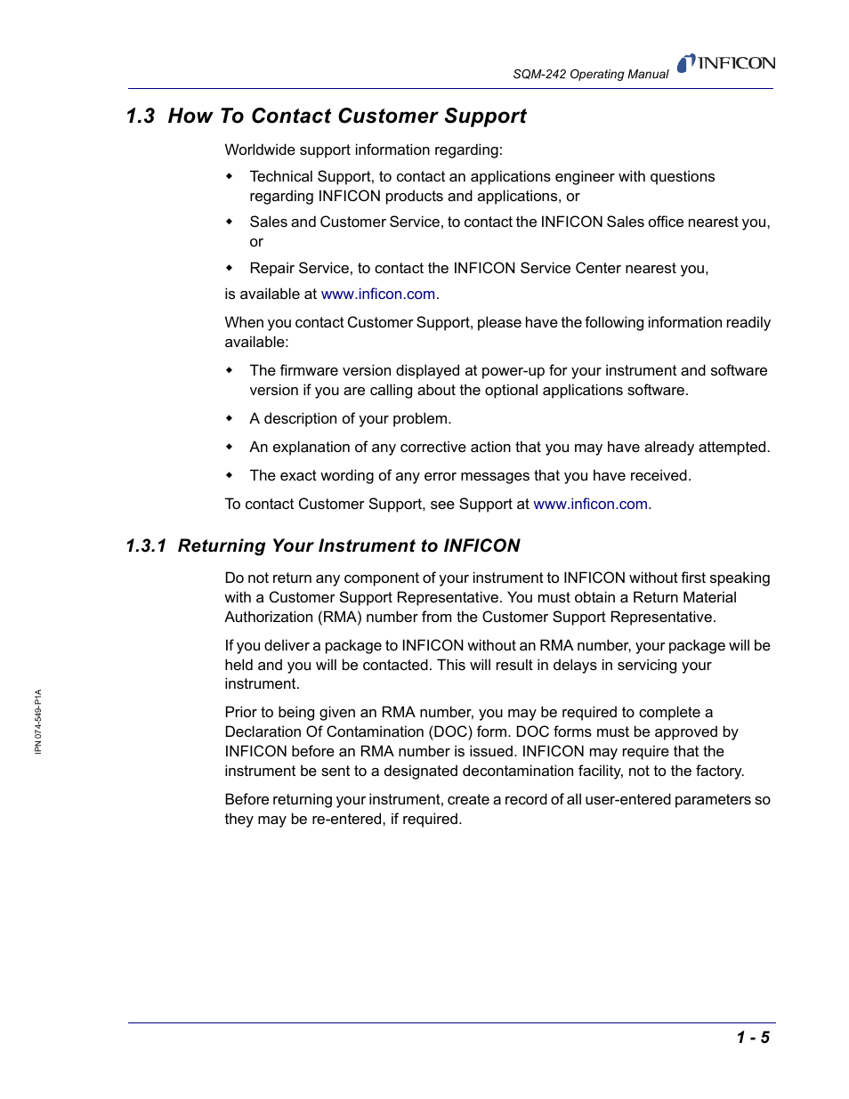 3 how to contact customer support, 1 returning your instrument to inficon | INFICON SQM-242 Thin Film Deposition Controller Card Operating Manual User Manual | Page 17 / 108