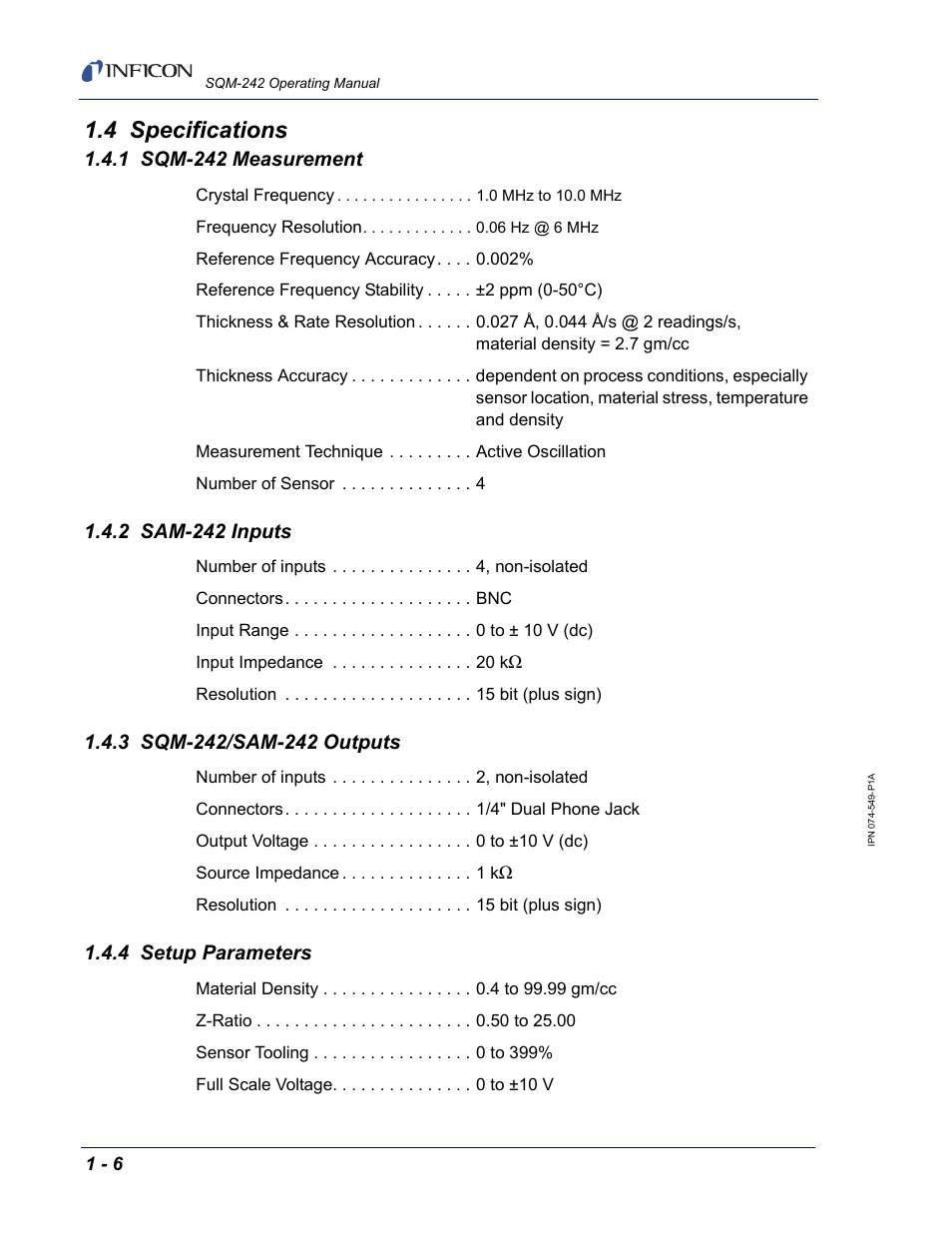 4 specifications, 1 sqm-242 measurement, 2 sam-242 inputs | 3 sqm-242/sam-242 outputs, 4 setup parameters | INFICON SQM-242 Thin Film Deposition Controller Card Operating Manual User Manual | Page 18 / 108